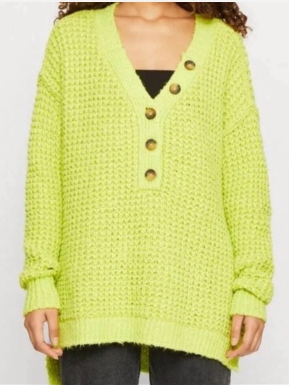 Free People Whistle Thermal Henley Neon Lime Button V-Neck Chunky Pullover M